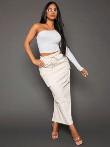 SHEIN SXY Drawstring Waist Flap Pocket Side Cargo Skirt - Beige - View 3
