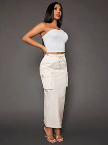 SHEIN SXY Drawstring Waist Flap Pocket Side Cargo Skirt - Beige - View 4