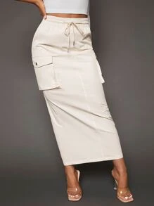 SHEIN SXY Drawstring Waist Flap Pocket Side Cargo Skirt - Beige - View 5