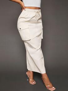 SHEIN SXY Drawstring Waist Flap Pocket Side Cargo Skirt - Beige - View 6