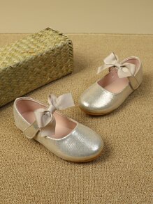 Girls Metallic Bow Decor Hook-and-loop Fastener Flats, Preppy Mary Jane Flats For Outdoor - Gold - View 3