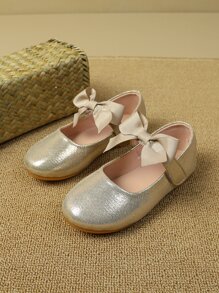 Girls Metallic Bow Decor Hook-and-loop Fastener Flats, Preppy Mary Jane Flats For Outdoor - Gold - View 4