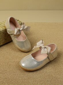 Girls Metallic Bow Decor Hook-and-loop Fastener Flats, Preppy Mary Jane Flats For Outdoor - Gold - View 5