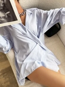 DAZY 纯色落肩裹身衬衫，秋季长袖女装 - 藍色 - 查看 3