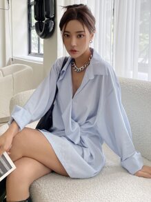 DAZY 纯色落肩裹身衬衫，秋季长袖女装 - 藍色 - 查看 4