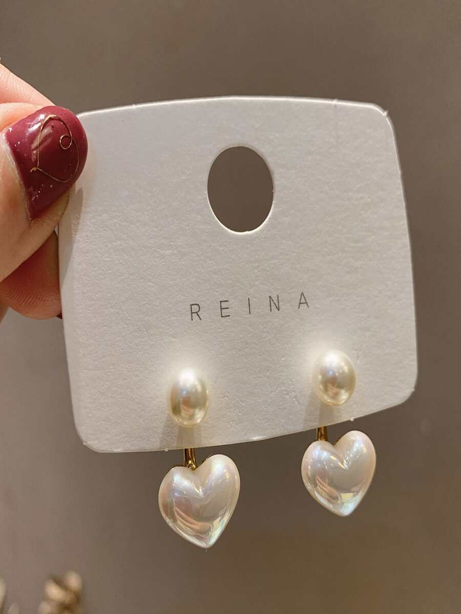 Heart & Faux Pearl Decor Earring Jackets Simple Elegant Small Love Cute Pendant Banquet Party Decor Gift Stud Earrings - Multicolor - View 1