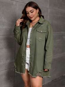 SHEIN Essnce Plus Ripped Raw Cut Drop Shoulder Denim Coat - Army Green - View 1