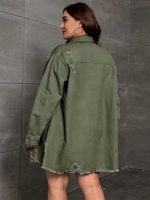 SHEIN Essnce Plus Ripped Raw Cut Drop Shoulder Denim Coat - Army Green - View 2