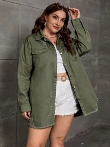SHEIN Essnce Plus Ripped Raw Cut Drop Shoulder Denim Coat - Army Green - View 5