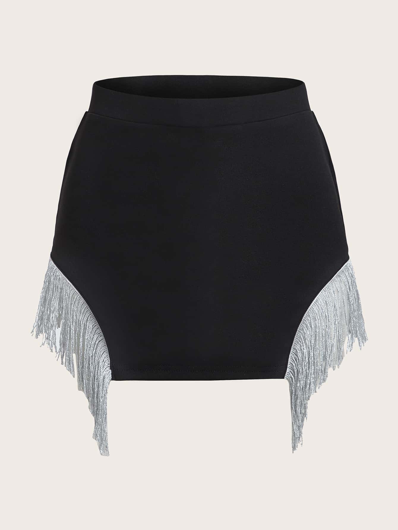 SHEIN ICON Váy bodycon Phương Tây Cô gái cao bồi Viền rìa - màu đen - Xem 1