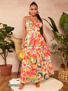 SHEIN SXY 紮染高衩後背繫帶繞頸連衣裙 - 彩色 - 查看 3