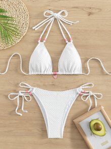瑞士圆点比基尼套装串珠吊带三角胸罩和系带侧边下装 2 件比基尼夏季海滩 - 白色 - 查看 1