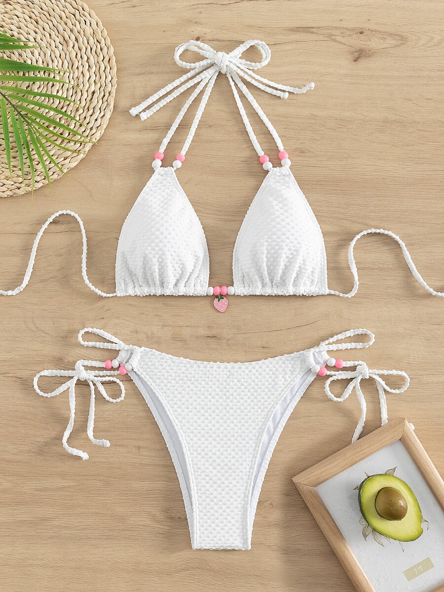 瑞士圆点比基尼套装串珠吊带三角胸罩和系带侧边下装 2 件比基尼夏季海滩 - 白色 - 查看 1