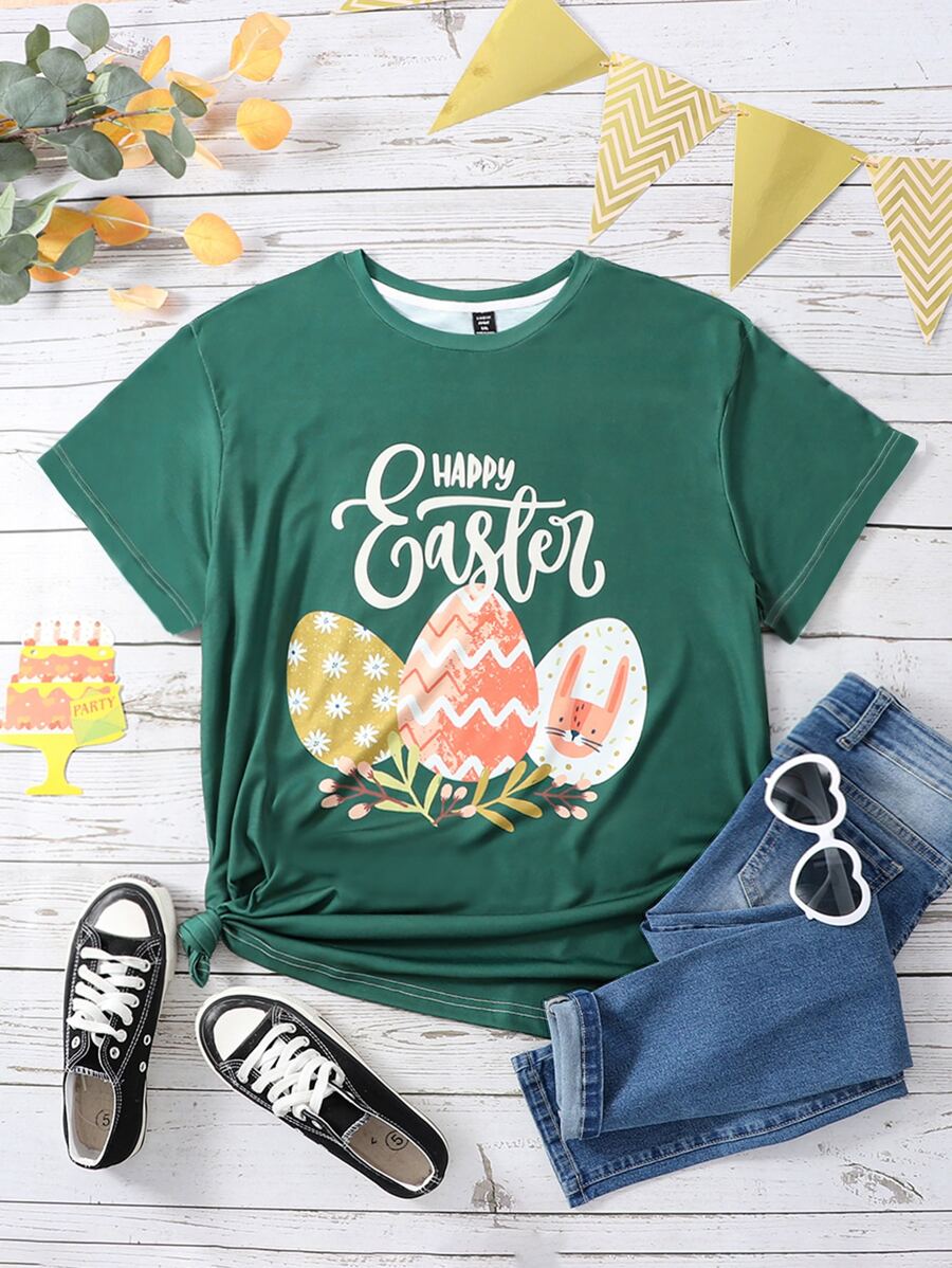 SHEIN LUNE Plus Easter Egg & Slogan Graphic Tee - Dark Green - View 1