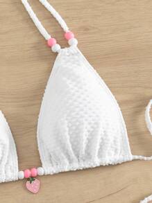 瑞士圆点比基尼套装串珠吊带三角胸罩和系带侧边下装 2 件比基尼夏季海滩 - 白色 - 查看 4