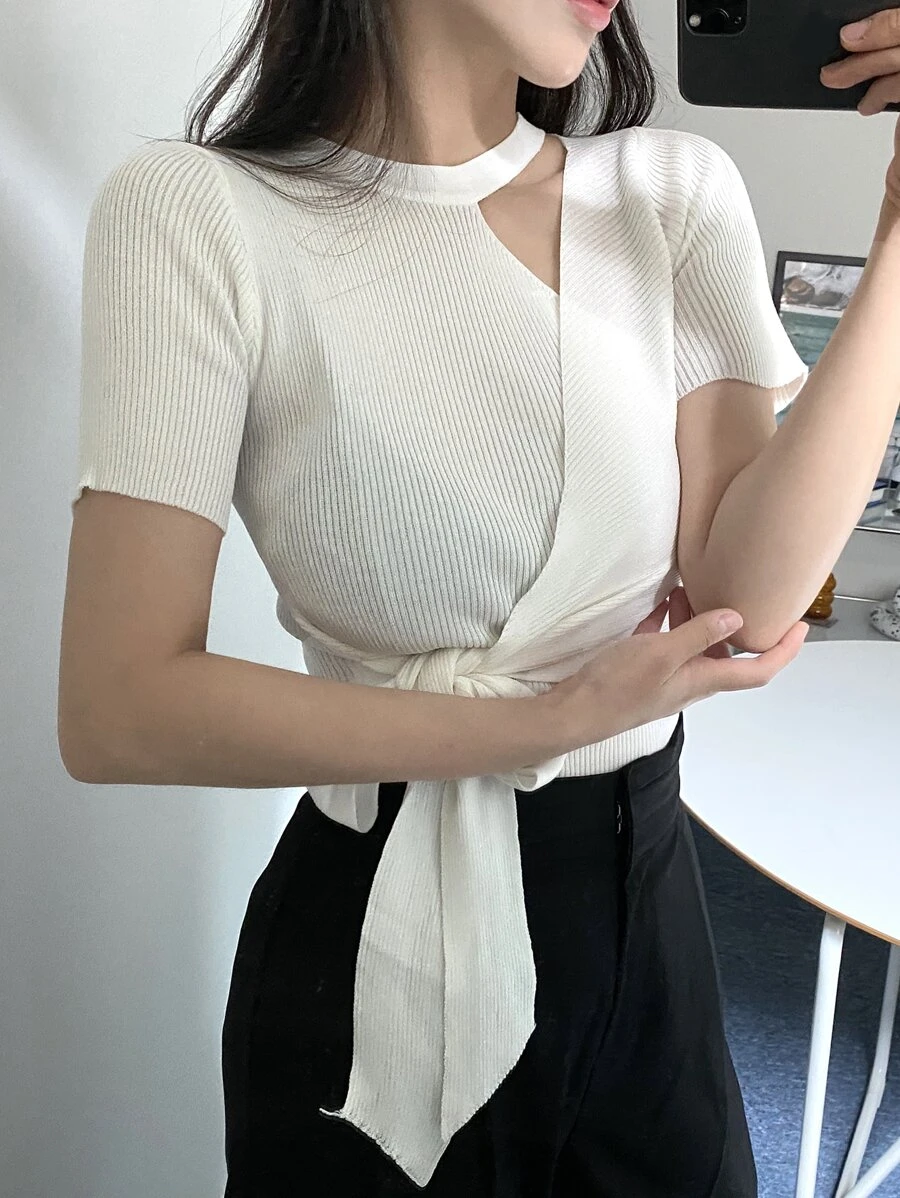 DAZY Solid Cut Out Knot Side Knit Top - White - View 1