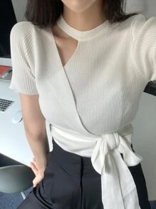 DAZY Solid Cut Out Knot Side Knit Top - White - View 2