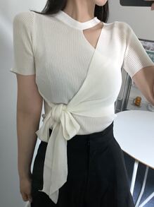 DAZY Solid Cut Out Knot Side Knit Top - White - View 3