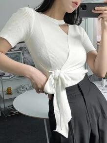 DAZY Solid Cut Out Knot Side Knit Top - White - View 4