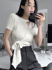 DAZY Solid Cut Out Knot Side Knit Top - White - View 5
