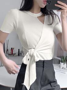 DAZY Solid Cut Out Knot Side Knit Top - White - View 6