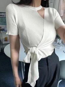 DAZY Solid Cut Out Knot Side Knit Top - White - View 7