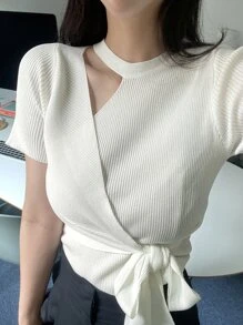 DAZY Solid Cut Out Knot Side Knit Top - White - View 8