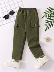 SHEIN 小男孩舒適休閒綠色字母印花褲子夏秋季 - 軍綠色 - 查看 1