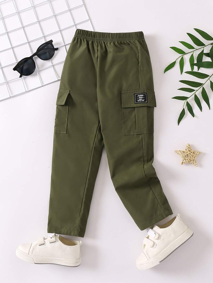 SHEIN 小男孩舒適休閒綠色字母印花褲子夏秋季 - 軍綠色 - 查看 1