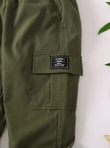 SHEIN 小男孩舒適休閒綠色字母印花褲子夏秋季 - 軍綠色 - 查看 3