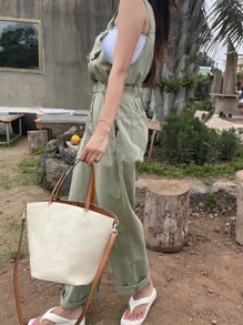 DAZY Solid Button Front Overall Jumpsuit Without Top - Army Green - View 2