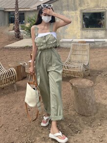 DAZY Solid Button Front Overall Jumpsuit Without Top - Army Green - View 3