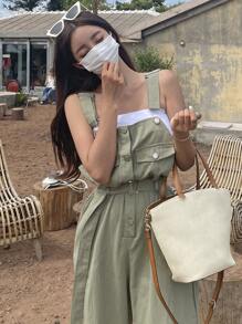 DAZY Solid Button Front Overall Jumpsuit Without Top - Army Green - View 4