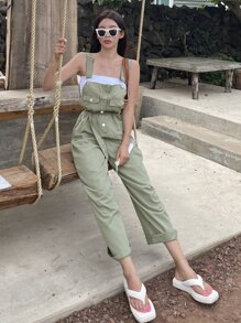 DAZY Solid Button Front Overall Jumpsuit Without Top - Army Green - View 5