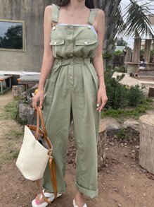 DAZY Solid Button Front Overall Jumpsuit Without Top - Army Green - View 6