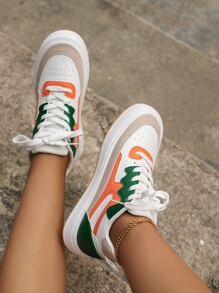 Fall/Winter Sporty Skate Shoes For Women, Colorblock High-Top Lace-Up Front Sneakers