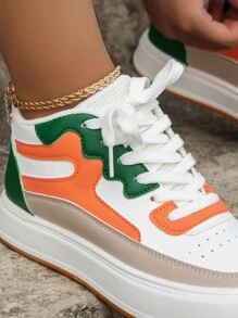 Fall/Winter Sporty Skate Shoes For Women, Colorblock High-Top Lace-Up Front Sneakers
