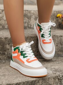 Fall/Winter Sporty Skate Shoes For Women, Colorblock High-Top Lace-Up Front Sneakers
