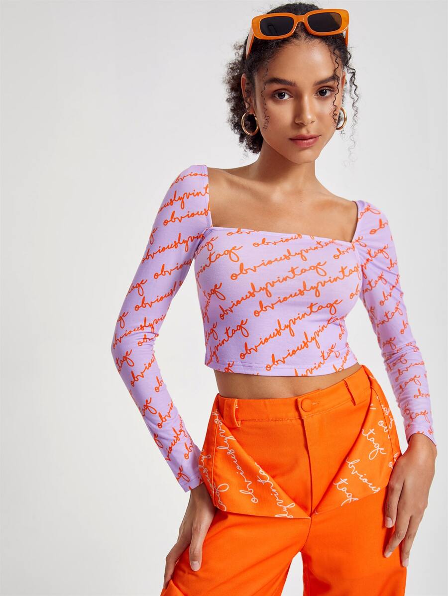 OBVIOUSLY VINTAGE Letter Graphic Square Neck Crop Tee - Multicolor - View 1