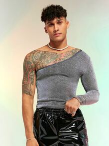 FeverCity Men One Shoulder Glitter Tee - Silver - View 4