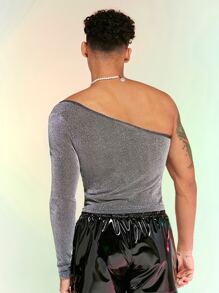 FeverCity Men One Shoulder Glitter Tee - Silver - View 2