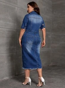 SHEIN Essnce Plus Flap Pocket Button Front Denim Dress - Dark Wash - View 2