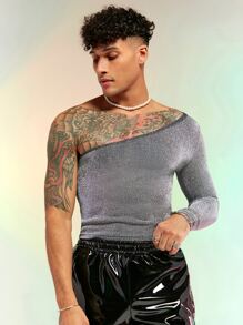 FeverCity Men One Shoulder Glitter Tee - Silver - View 3