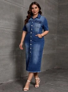 SHEIN Essnce Plus Flap Pocket Button Front Denim Dress - Dark Wash - View 3