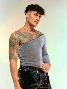 FeverCity Men One Shoulder Glitter Tee - Silver - View 1
