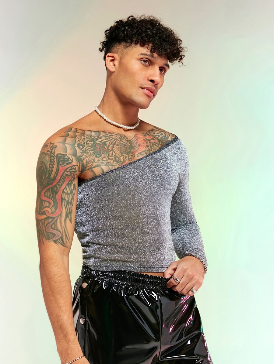 FeverCity Men One Shoulder Glitter Tee - Silver - View 1
