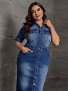 SHEIN Essnce Plus Flap Pocket Button Front Denim Dress - Dark Wash - View 4