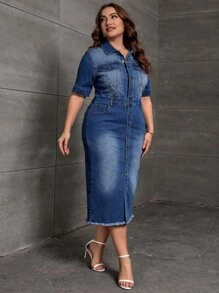 SHEIN Essnce Plus Flap Pocket Button Front Denim Dress - Dark Wash - View 5