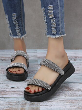 女式水鑽裝飾雙帶涼鞋迷人玻璃坡跟拖鞋