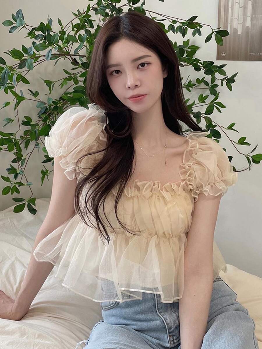 DAZY 纯色荷叶边泡泡袖荷叶边上衣、娃娃装上衣